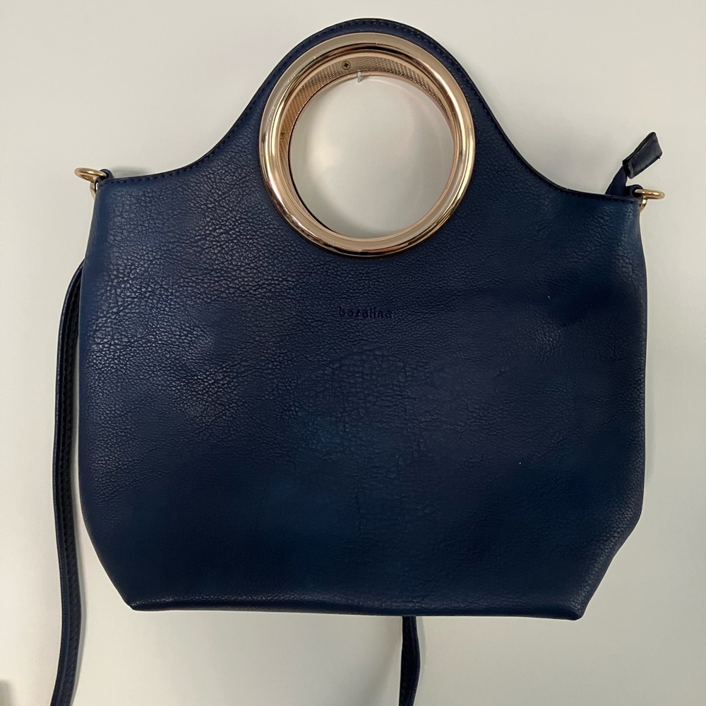 Blue and Gold Crescent Shoulder Bag with Circular Handle